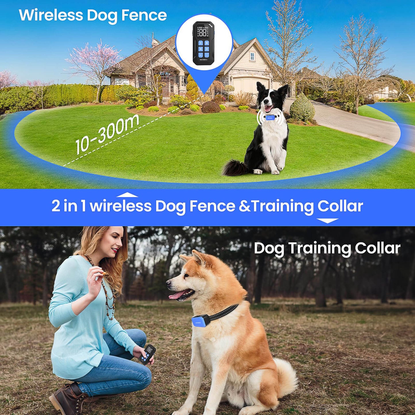 Wireless Dog Fence 2 in 1 Electric Fence for 3 Dogs Training Collar