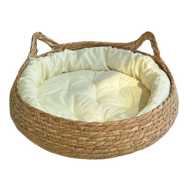 Handwoven Rattan Cat Bed – Cozy Scratch-Resistant Nest with Detachable, Washable Warmth Pad for Winter Comfort